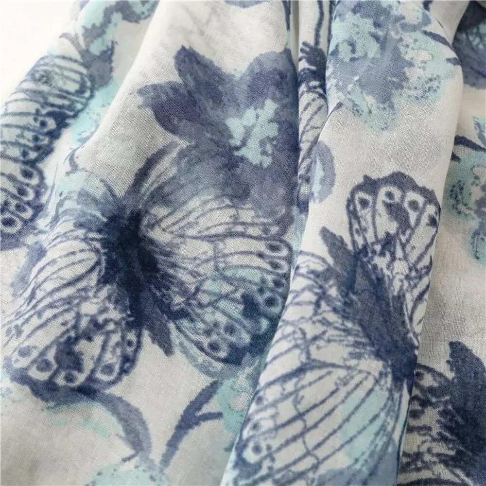 NEW Boho Butterfly Design Tasseled Rectangle Soft Chic Scarf Large Blue White